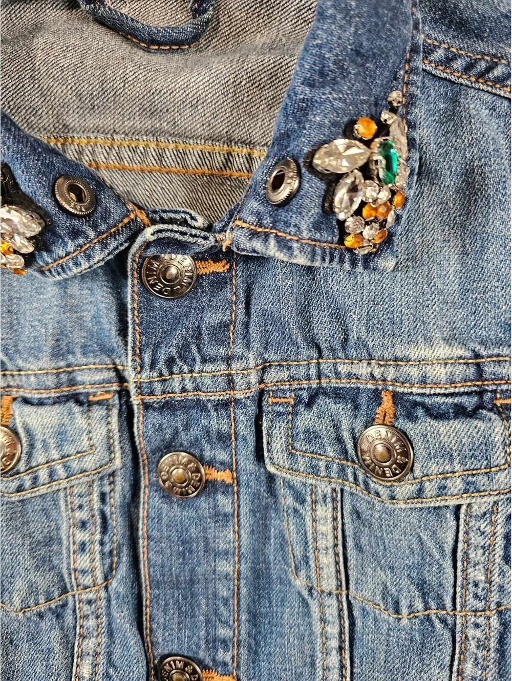 Justice Girls Sz 4 Button Up Blue Denim Jacket Sweatshirt Sleeves Embellished